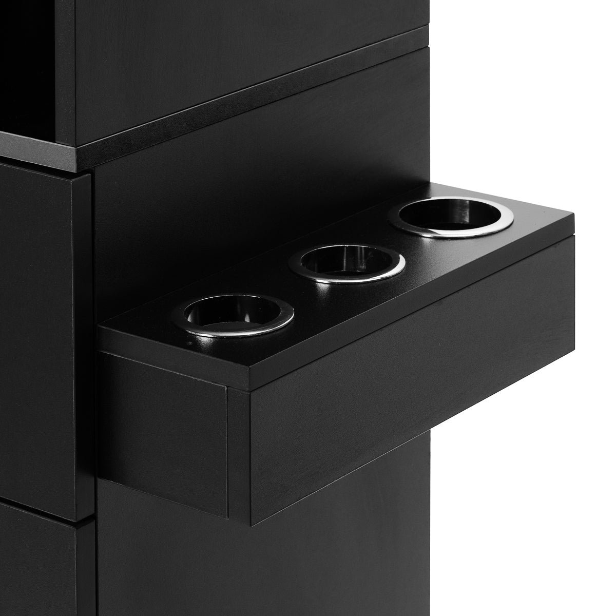GABBIANO Totem Black hairdressing station with mirror and storage shelves, salon furniture for professional hairstyling.