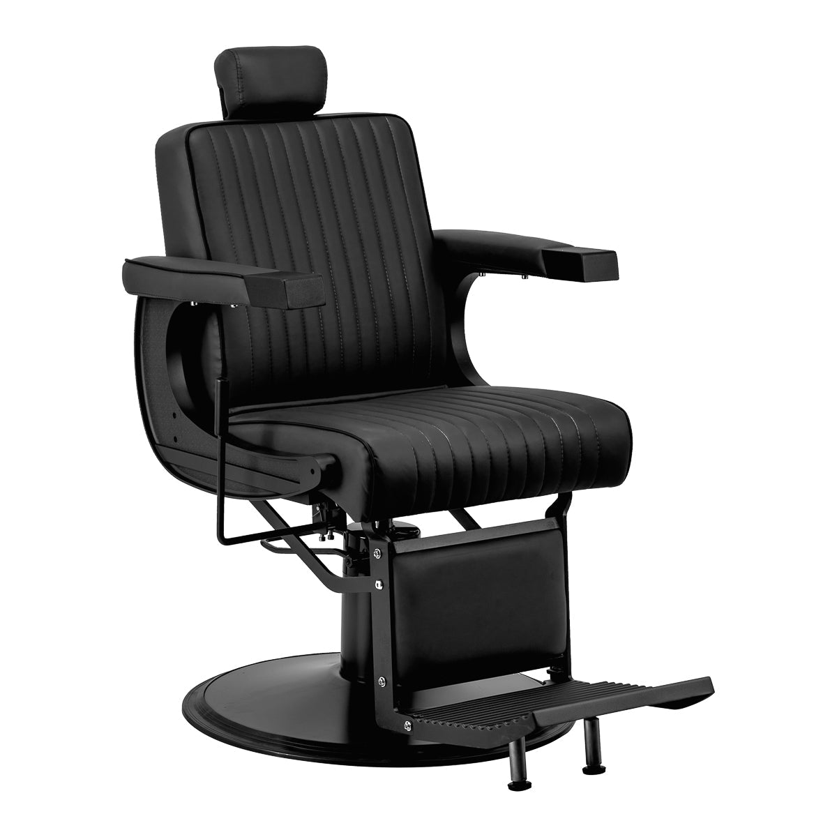 Black Gabbiano Visionerio barber chair with black frame, featuring plush cushioning and adjustable headrest for barbershop use.