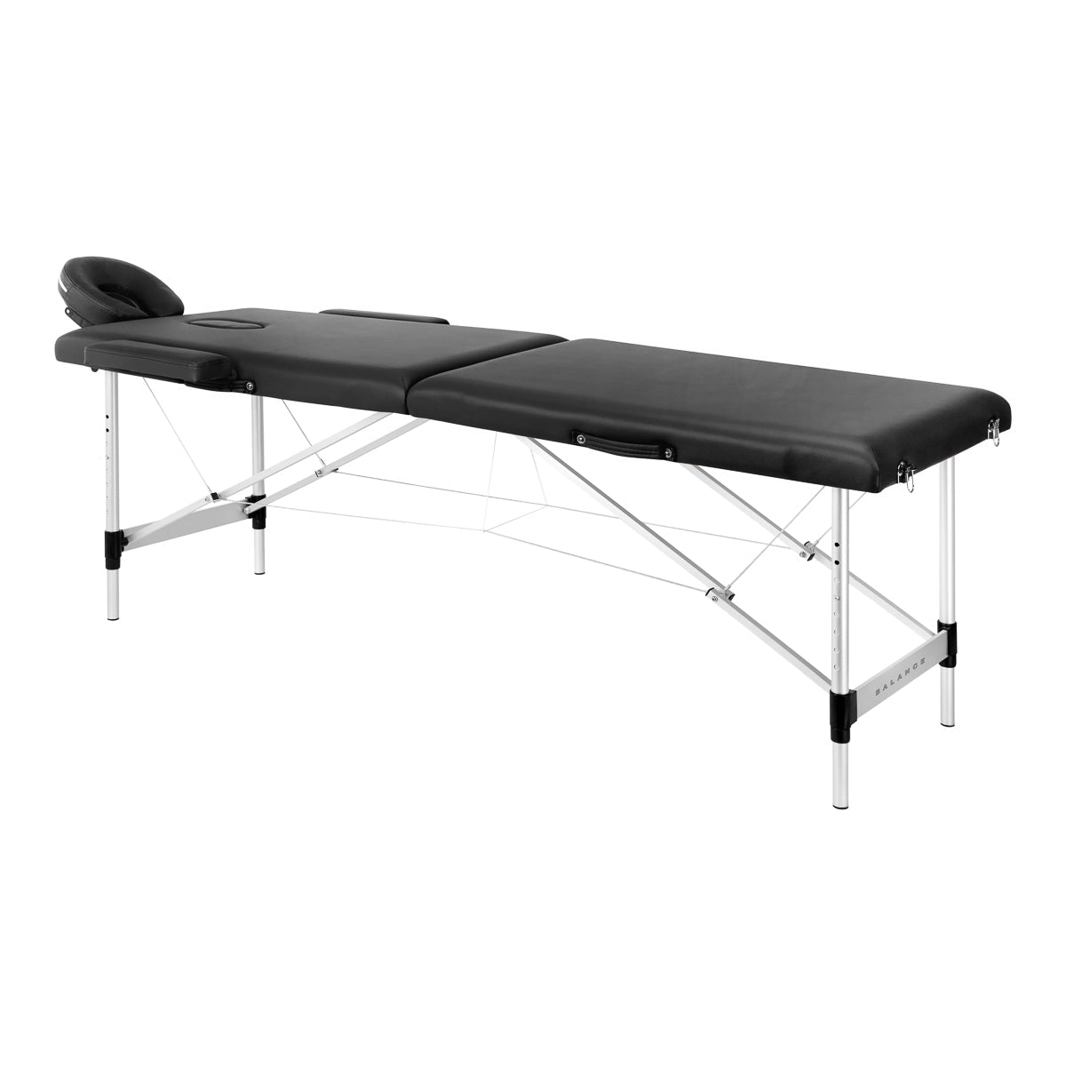BALANCE aluminium folding massage table with black upholstery, featuring two adjustable segments for professional massage therapy.