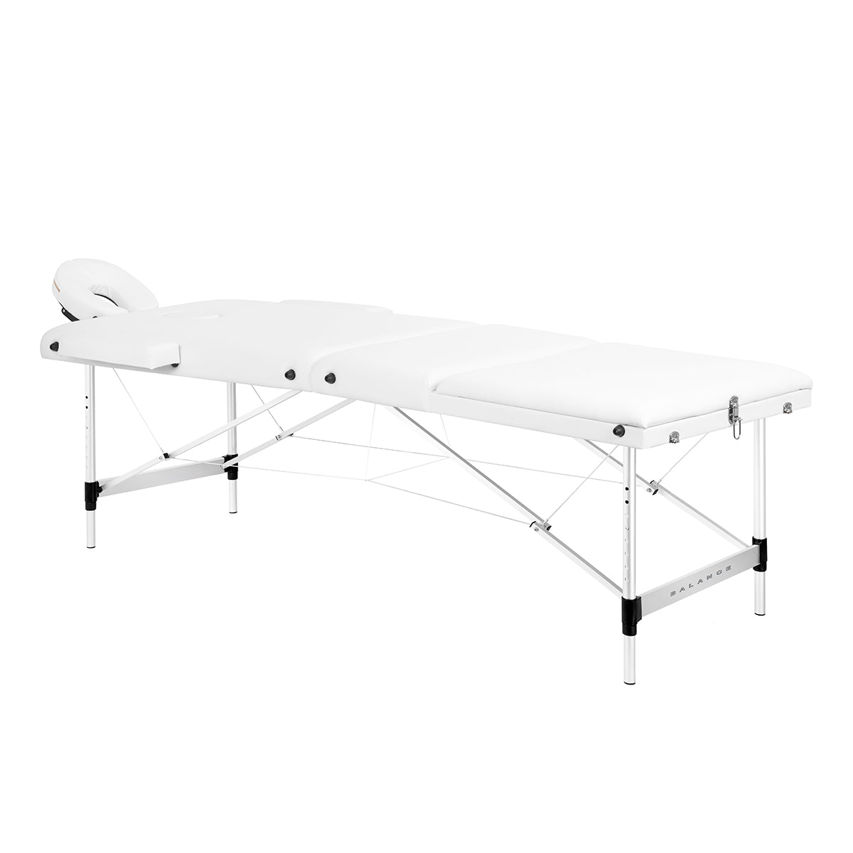 BALANCE aluminium folding massage table with three segments in white, designed for professional massage therapy and portability.