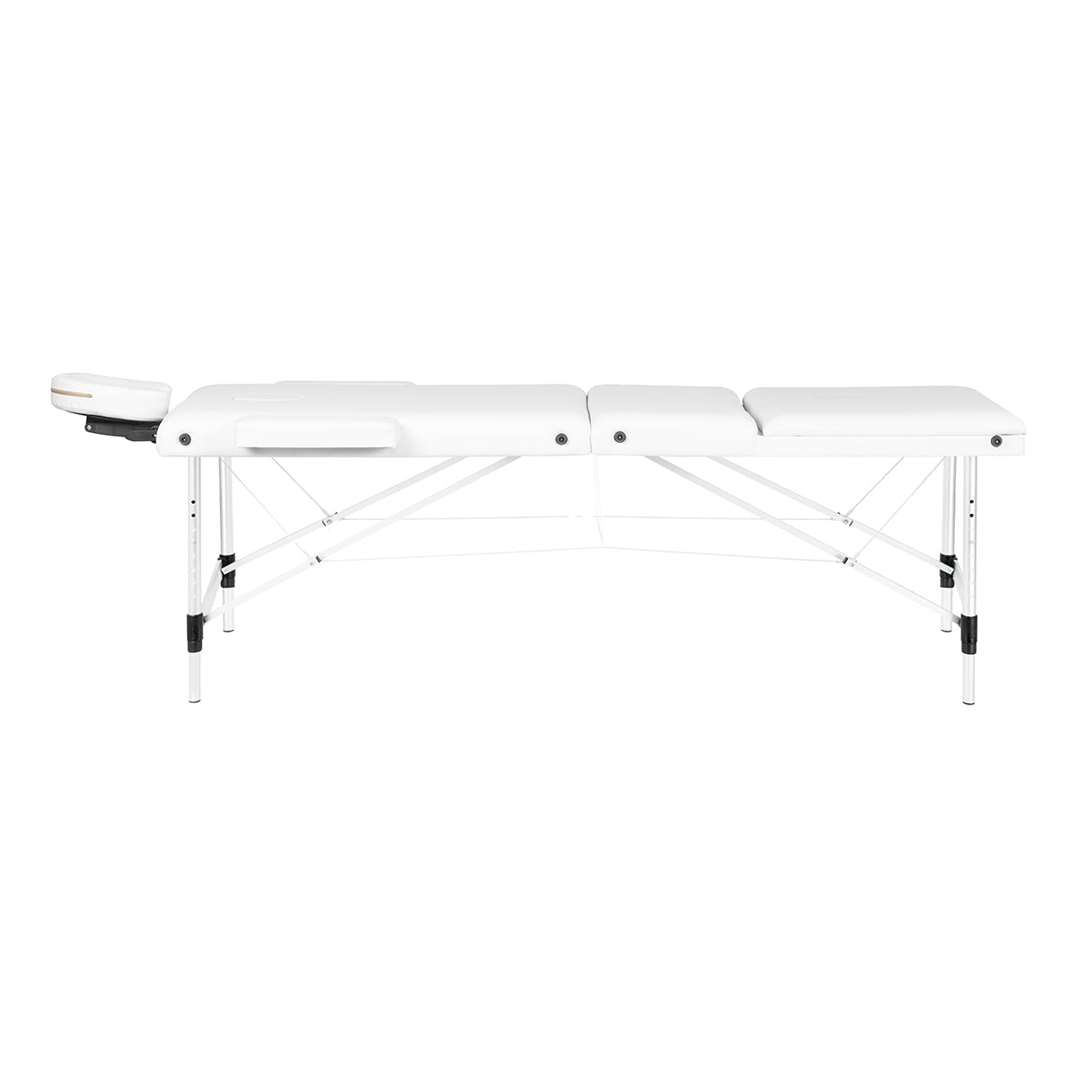 White BALANCE aluminium folding massage table with three segments, lightweight and portable for professional massage therapy.