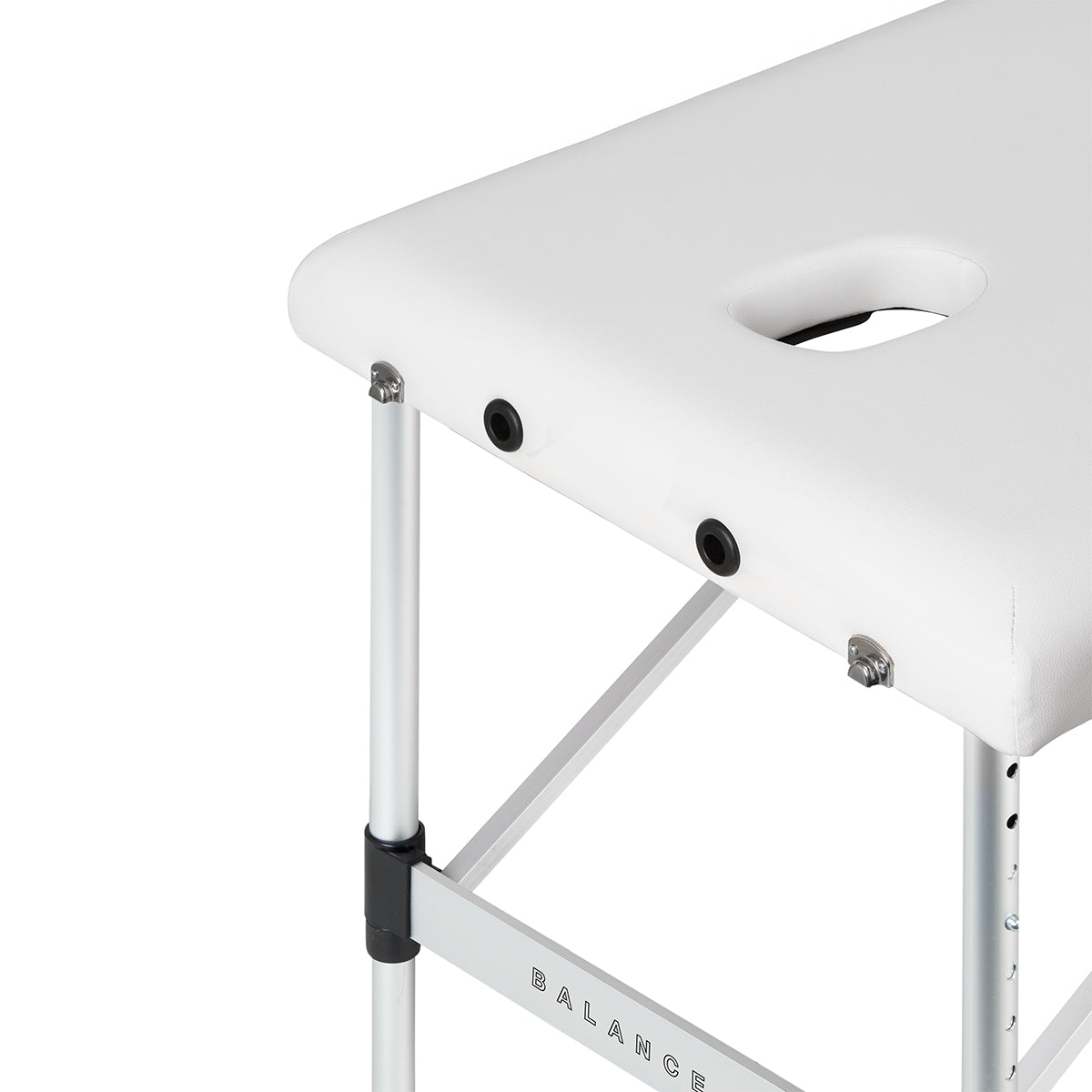 BALANCE aluminium folding massage table with three segments in white, designed for professional massage therapy sessions.