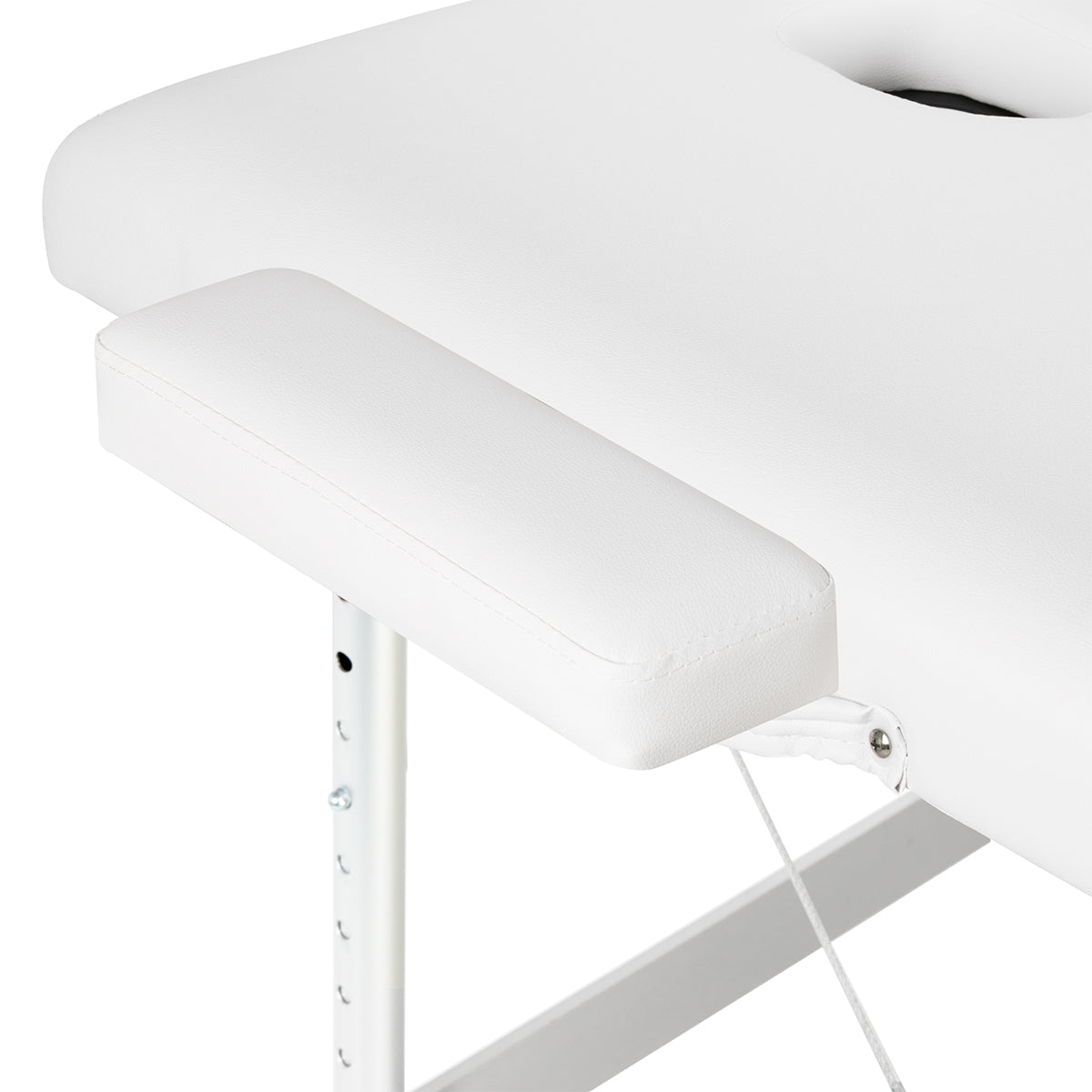 BALANCE aluminium folding massage table with three segments in white, featuring a sturdy frame and padded surface for comfort.