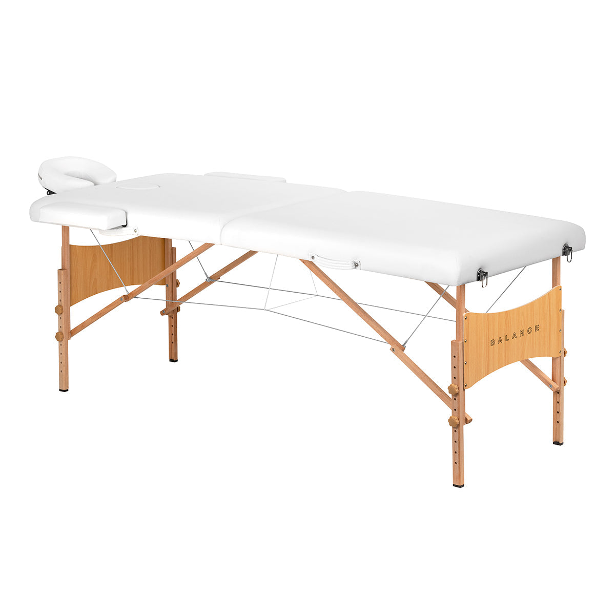 BALANCE wooden folding massage table with two segments, white finish, 190x70 cm, designed for professional massage therapy.