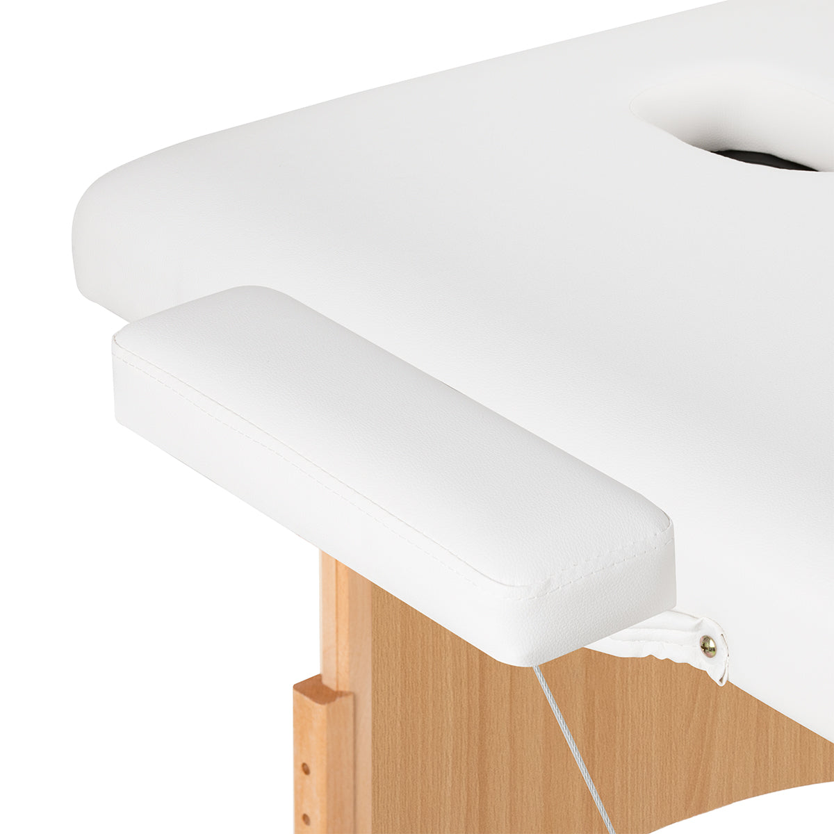 White BALANCE wooden folding massage table with 2 segments, measuring 190x70 cm, featuring a sturdy, portable massage furniture design.