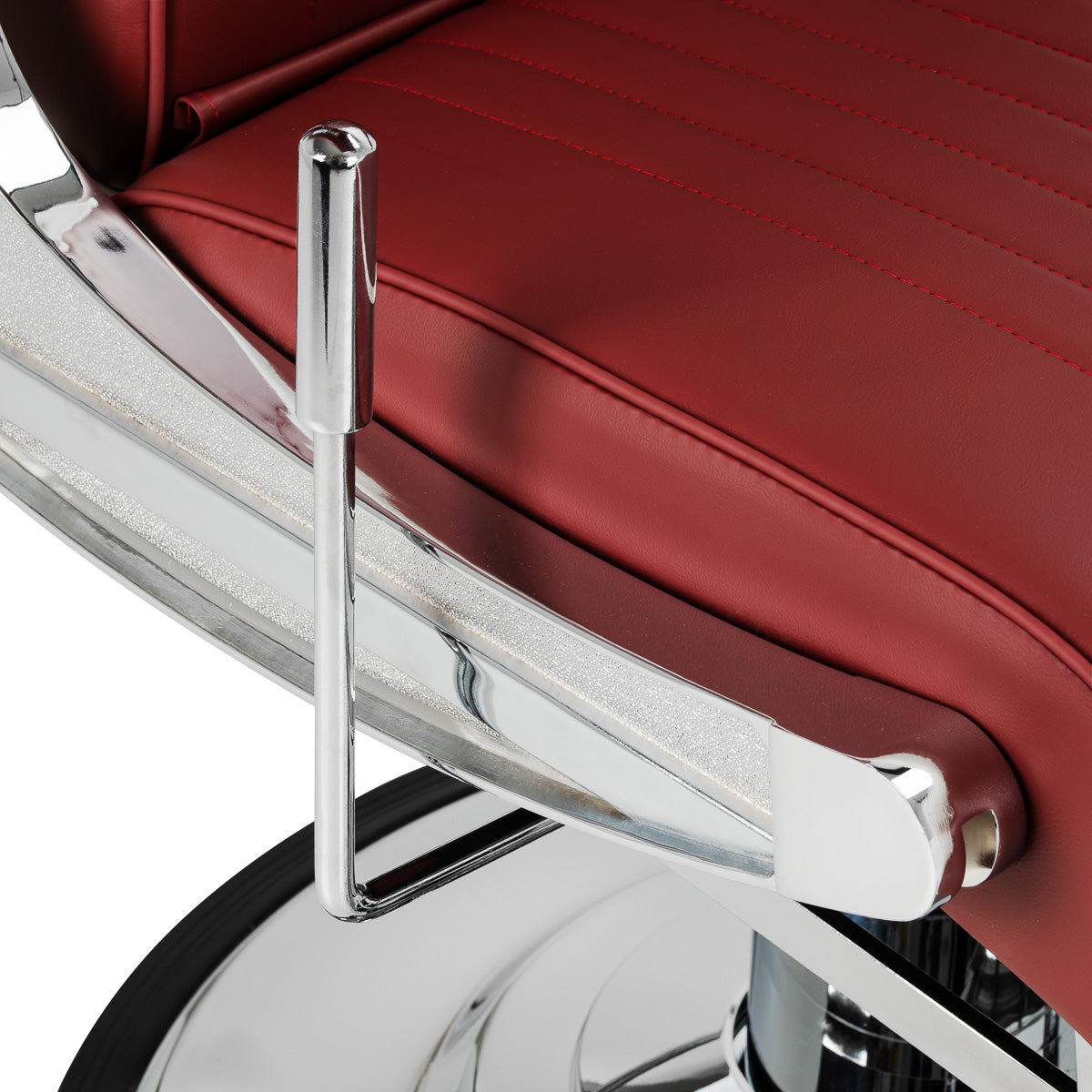 Gabbiano Visionerio+ Hydraulic Barber Chair – Red, Chrome Frame; side adjustment lever and frame