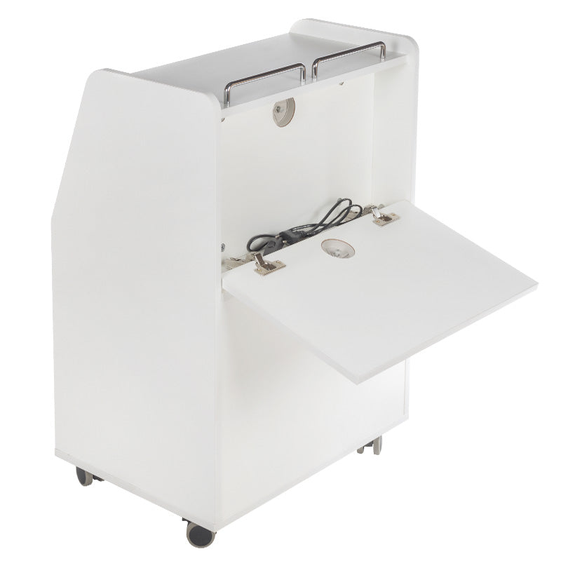 White Beauty System cosmetic cabinet BD-T601 with multiple drawers and a sleek modern design, shown in a clean, organized interior view.