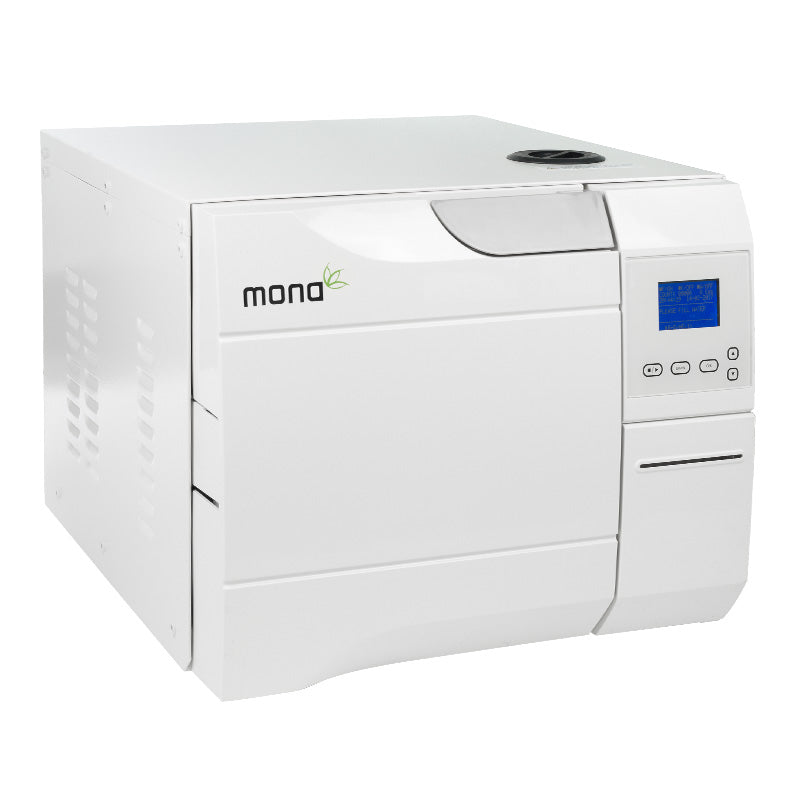 Autoclave medis MONA LCD 12L from Beauty System, Class B sterilizer with integrated printer showing control panel and sterilization chamber.