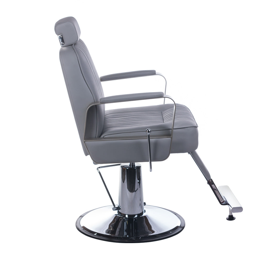 Light gray Barber Chair HOMER BH-31237 by Beauty System with padded seat, backrest, and adjustable armrests for salon use.