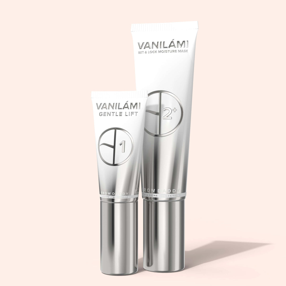 Brow Daddy VANILÁMI Gentle Lift 1 15ml and Gentle Lift 2+ 60ml on a pale pink background