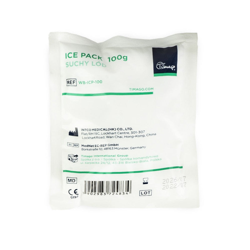 Timago 100g dry ice cold compress for laser treatments, showing the compact, clear packaging with the cold compress inside.
