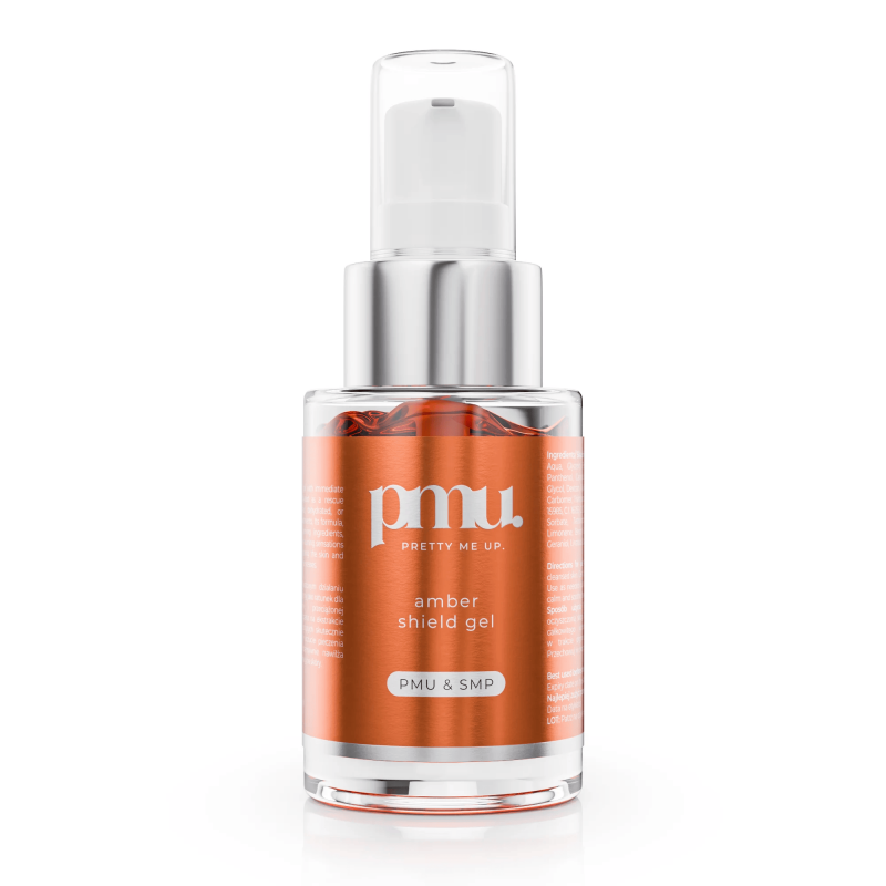Kwadron PMU Pretty Me Up Amber Shield Gel 30ml bottle with a clear cap and label, used for permanent makeup protection.
