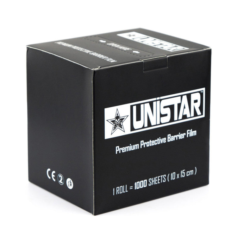 Unistar transparent self-adhesive protective film roll with 10x15cm sheets, shown in a large batch of 1000 pieces.