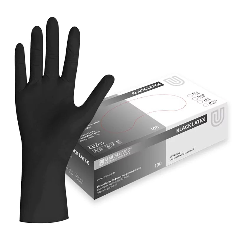 Black latex gloves by UNIGLOVES, showing a pair of fitted, disposable gloves suitable for medical or industrial use.