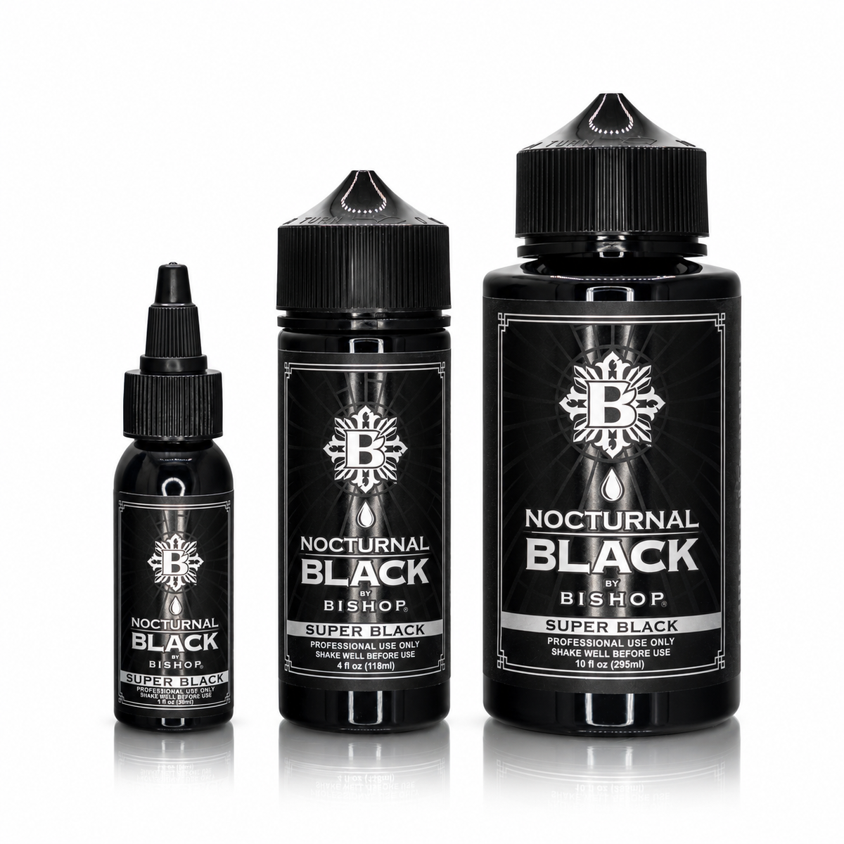 Nocturnal by Bishop Super Black 30ml, 118ml and 295ml bottles — size comparison