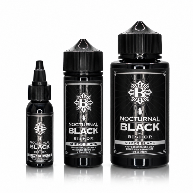 Nocturnal by Bishop Super Black 30ml, 118ml and 295ml bottles — size comparison