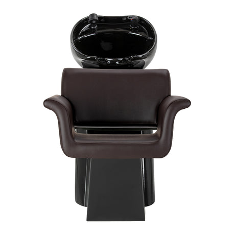 Gabbiano Lucca brown hairdressing wash unit with ceramic sink and adjustable chair for salon styling and hair washing.