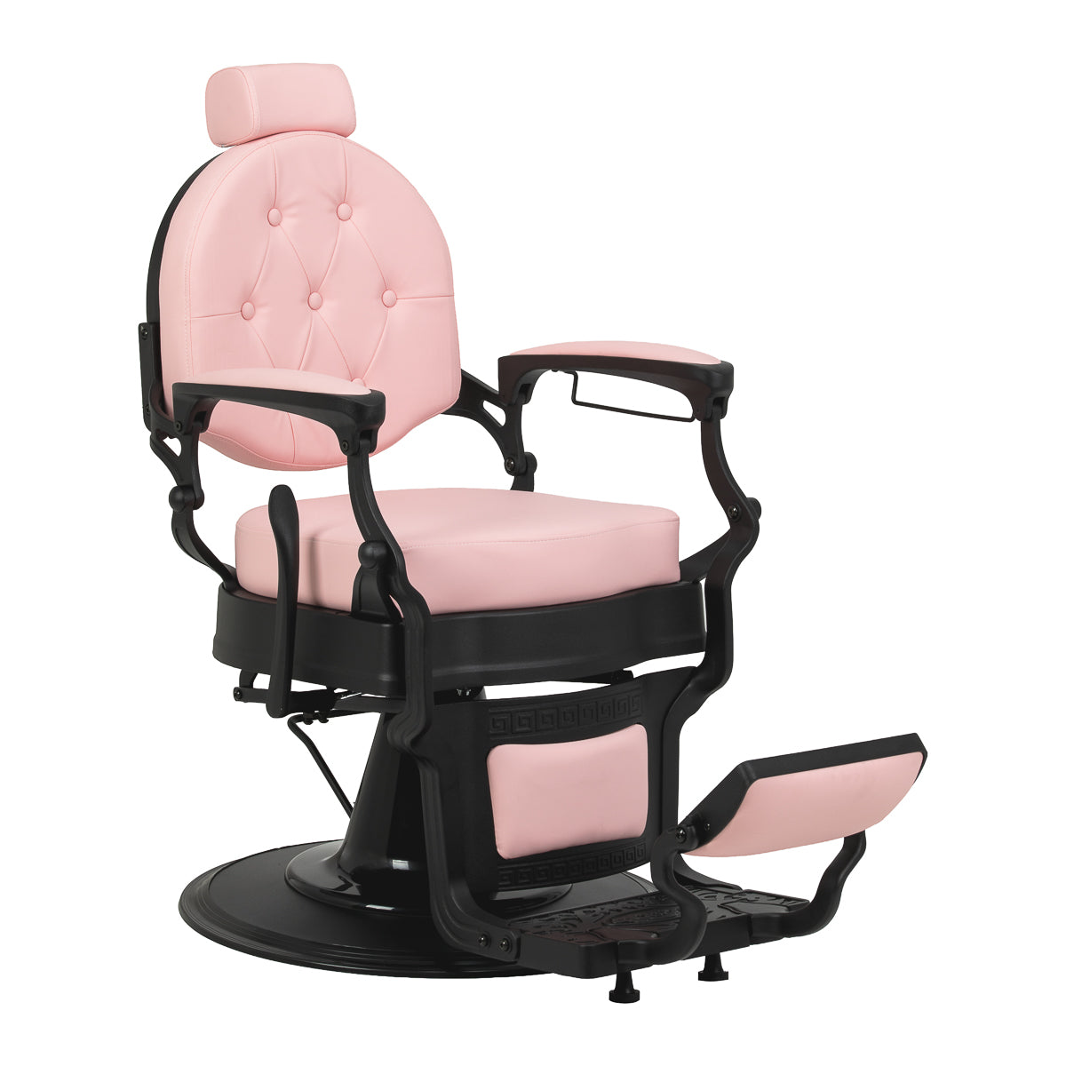 Pink barber chair with black base and armrests, Gabbiano President model, featuring plush cushioning and adjustable height.