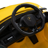 Yellow kids salon chair with steering wheel and seatbelts