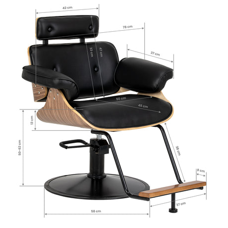 Gabbiano Florencja black and walnut hairdressing chair technical dimensions