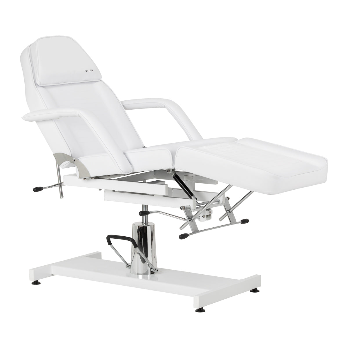 Hydraulic salon chair with reclining backrest and white upholstery