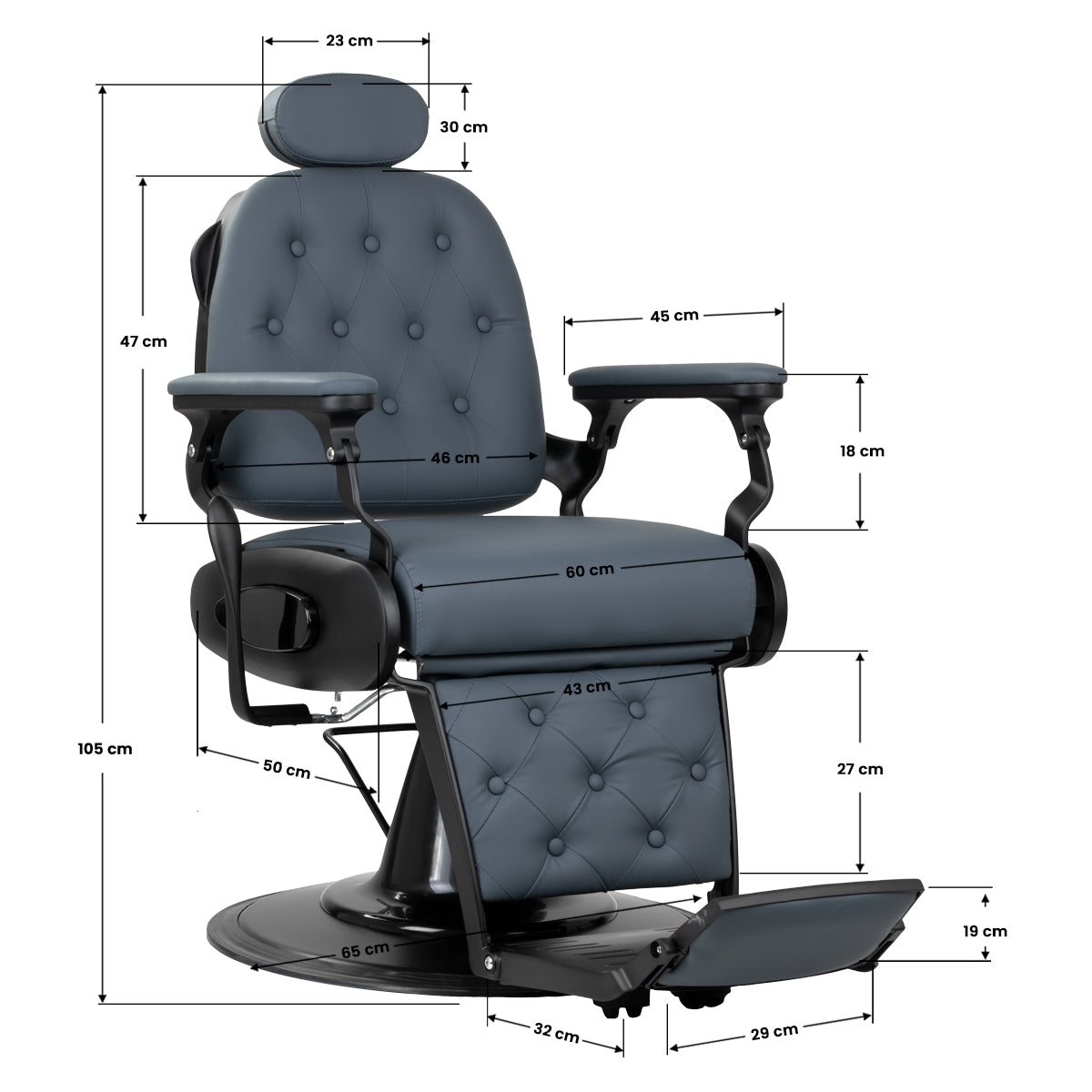 Gabbiano Francesco graphite barber's chair with black base, featuring plush upholstery and adjustable headrest for professional grooming.