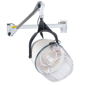 White suspended wall mount hood dryer by Beauty System, BB-6082H model, with adjustable hanging and ventilation features.