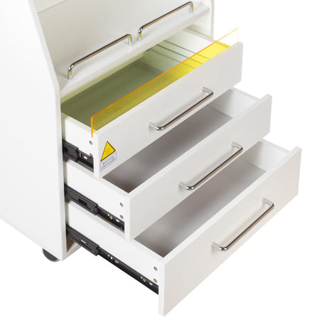 White Beauty System cosmetic cabinet BD-T601 with multiple shelves and a sleek modern design, shown in the image.