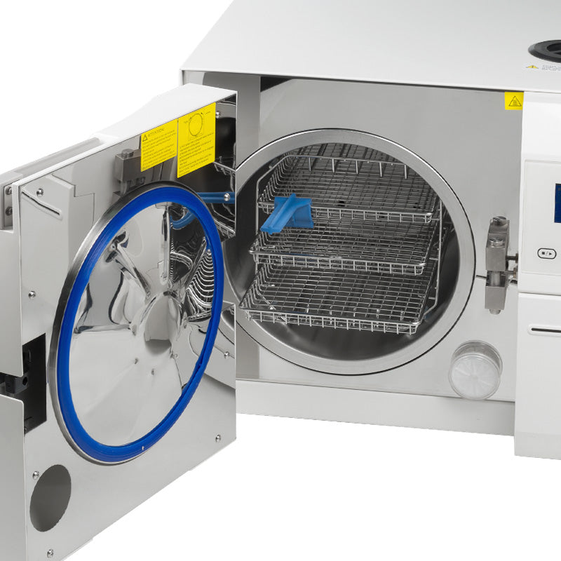 Autoclave medis MONA LCD 12L class B sterilizer with digital display and built-in printer, used for sterilizing dental or medical instruments.