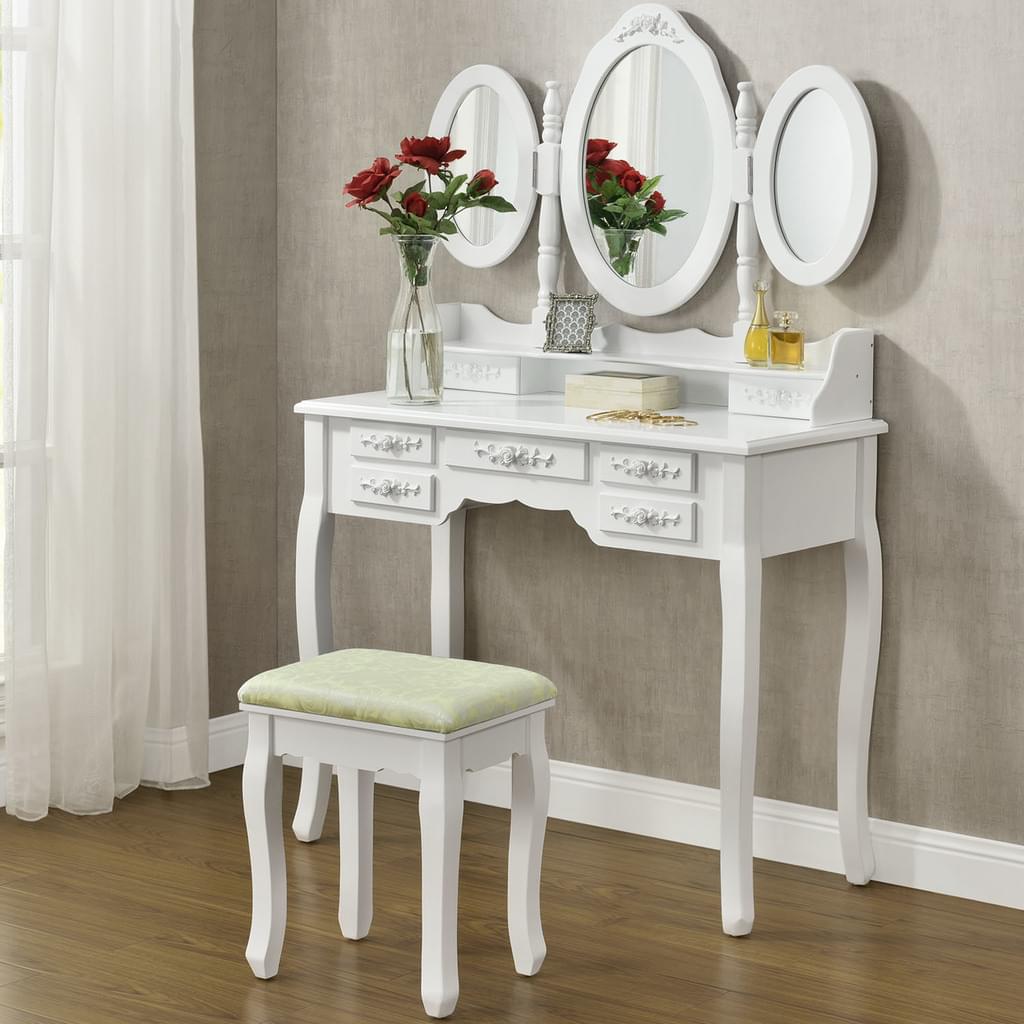 White vanity ELSA with 3 mirrors and 7 drawers + stool - BVShop