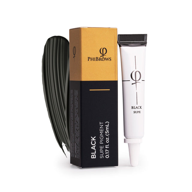 PhiBrows SUPE Black Microblading Pigment 5ml on a light background