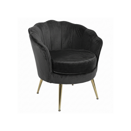 Black velvet armchair with gold legs on a white background