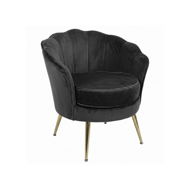 Black velvet armchair with gold legs on a white background