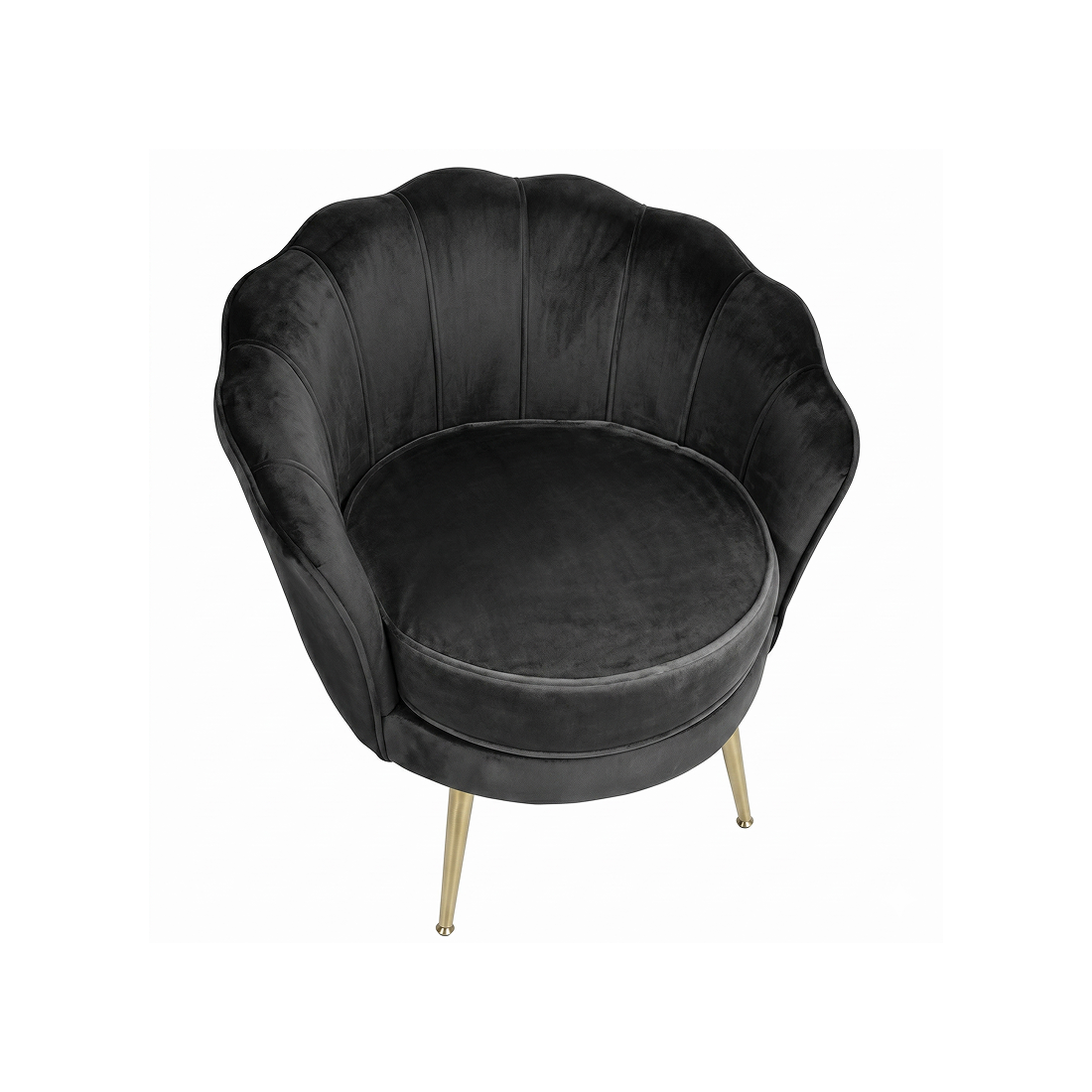 Black velvet armchair with gold legs on a white background