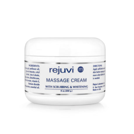 Rejuvi m Massage Cream with Scrubbing & Brightening 240g jar, front label