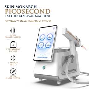 Skin Monarch Picosecond tattoo removal laser machine with 1500W power, featuring a sleek design and control panel for professional use.