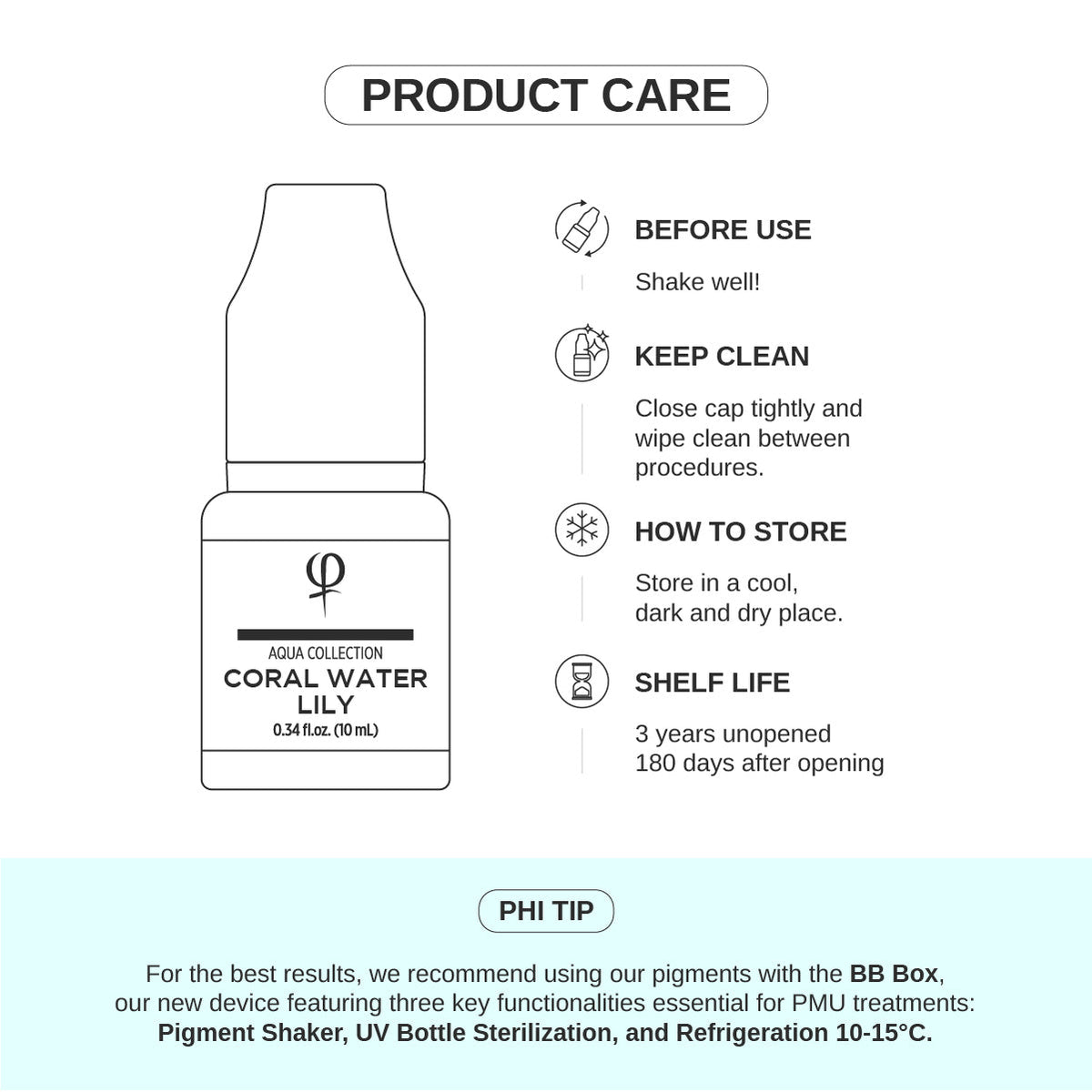 PhiAcademy PMU Aqua Coral Water Lily Pigment 10ml — product care and storage