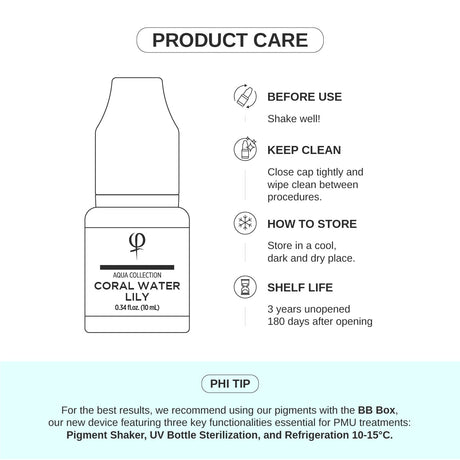 PhiAcademy PMU Aqua Coral Water Lily Pigment 10ml — product care and storage