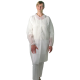 Disposable dressing gown with Velcro strip in XXL size by UNIGLOVES, shown in white with open front and long sleeves.
