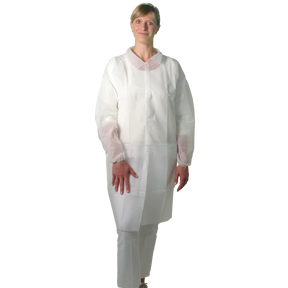 Disposable dressing gown with Velcro strip in XXL size by UNIGLOVES, shown in white with open front and long sleeves.