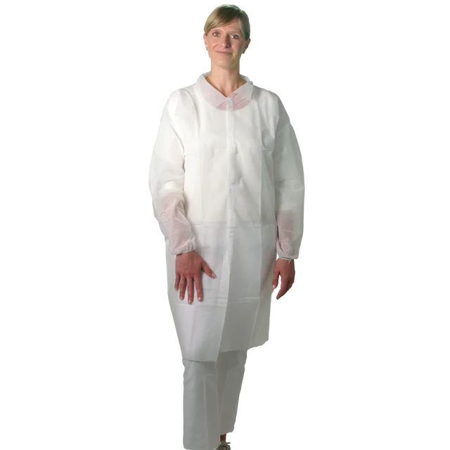Disposable dressing gown with Velcro strip in XXL size by UNIGLOVES, shown in white with open front and long sleeves.