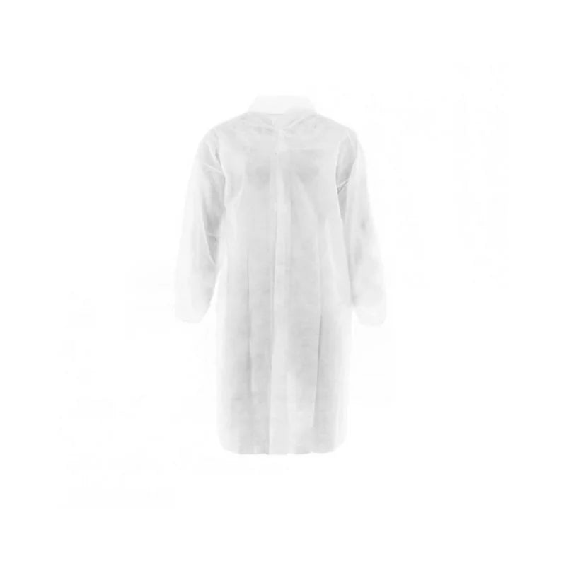 Disposable dressing gown with Velcro strip in XXL size, white medical gown from UNIGLOVES, shown with open front and long sleeves.