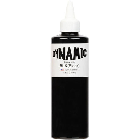 Black tattoo ink by Dynamic in a 240ml bottle, smooth consistency and deep black color for professional tattooing.
