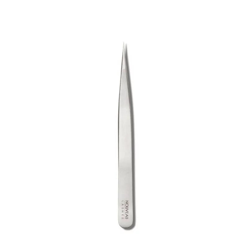 Nouveau Lashes fine point tweezers for precise eyelash application, featuring slim, stainless steel design.