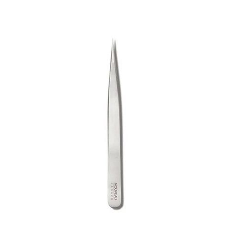 Nouveau Lashes fine point tweezers for precise eyelash application, featuring slim, stainless steel design.