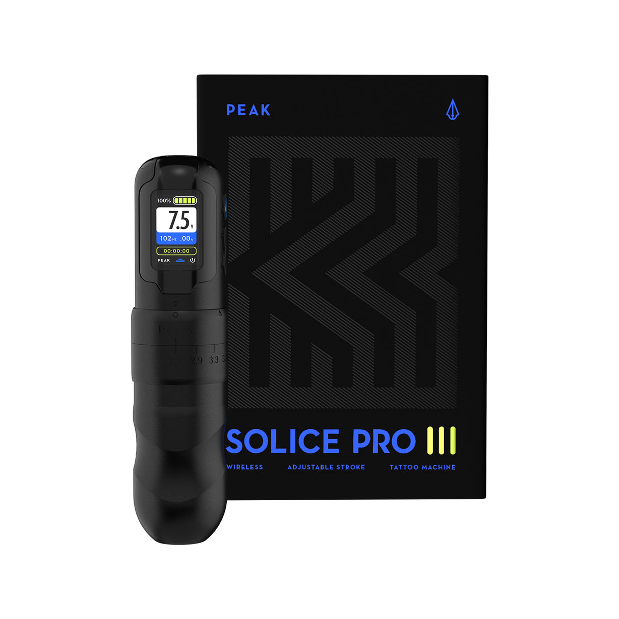 Black Peak Solice Pro V3 tattoo machine with ergonomic design and sleek finish, featuring detailed components visible in the image.