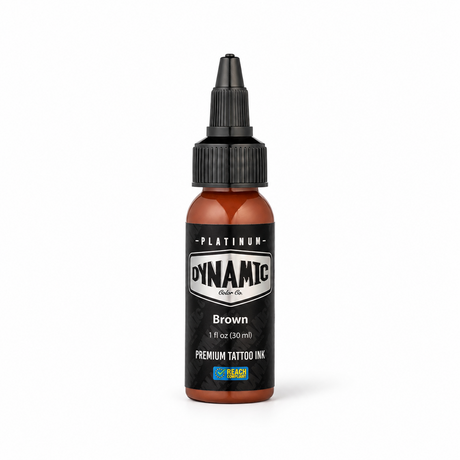 Platinum By Dynamic Tattoo Ink Brown 30ml bottle on a white background with a natural shadow
