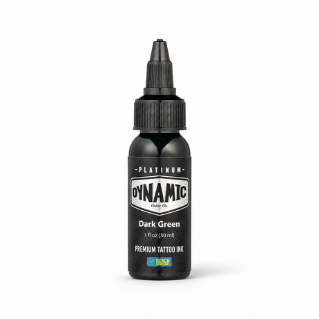 Platinum By Dynamic Tattoo Ink Dark Green 30ml bottle on a white background with a natural shadow