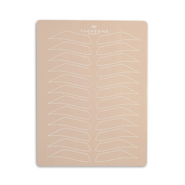 Set of five The Perma PMU practicing skin sheets with printed brow shapes and outlines for tattoo training and practice.