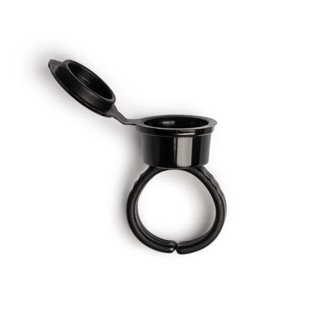Set of 50 black Perma Ring Cup Containers, durable plastic storage cups with lids for organization and storage.
